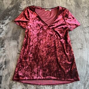 Spring + Mercer Women V-Neck Tee S Burgundy Crushed Velvet Holiday Romantic Goth